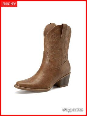 Square Toe Chunky Heel Cowboy Boots Faux Leather Ankle Western